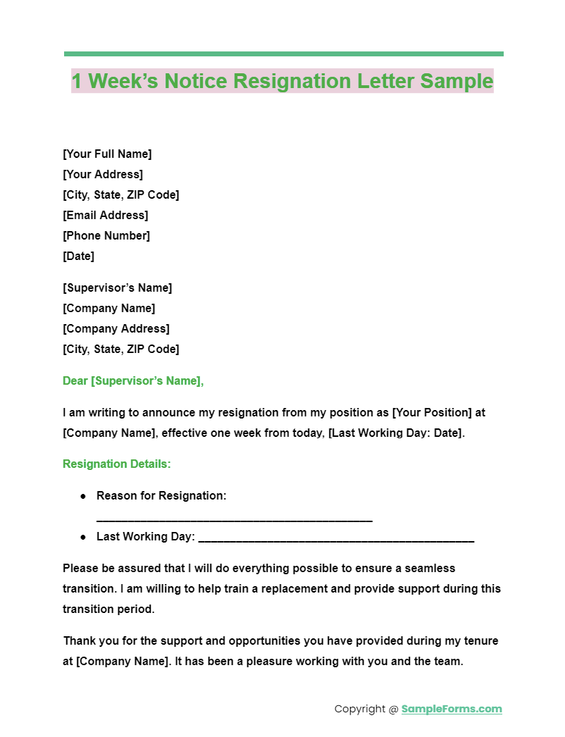 Month Notice Resignation Letter Template