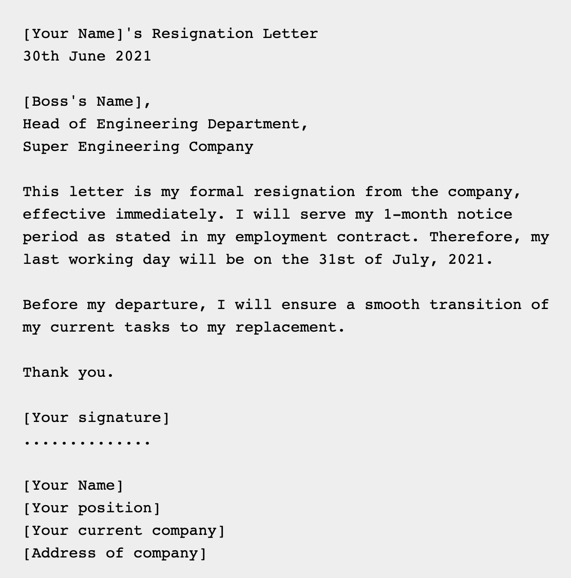 Month Notice Resignation Letter Template