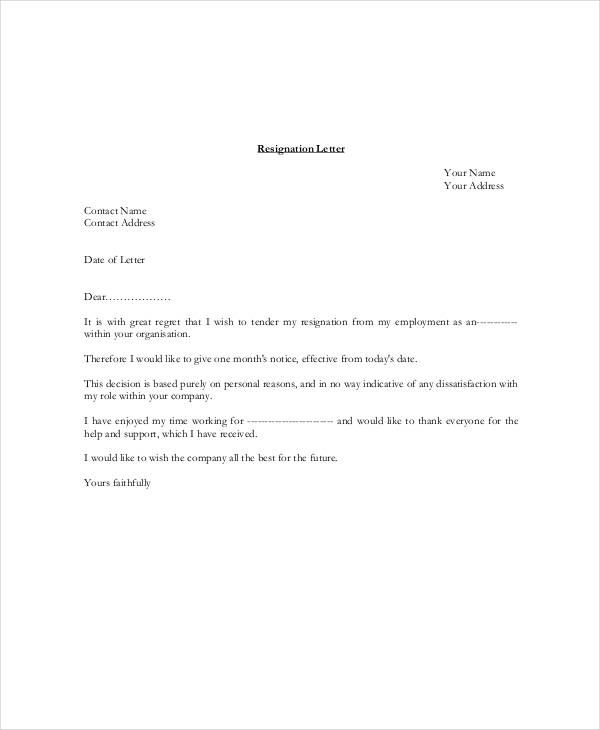 Month Notice Resignation Letter Template