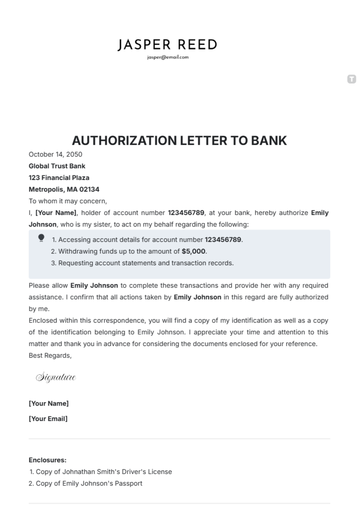 Bank Letter of Authorization Template