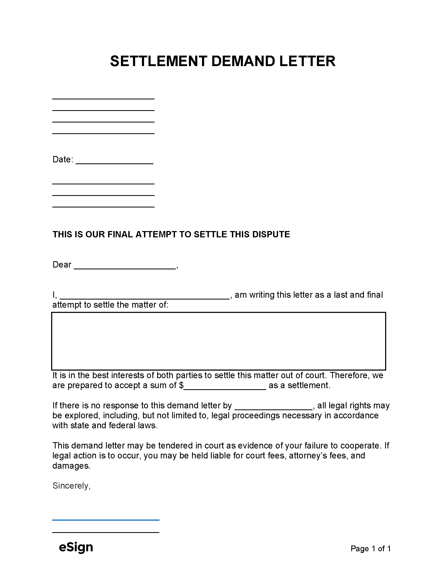 Demand for Settlement Letter Template