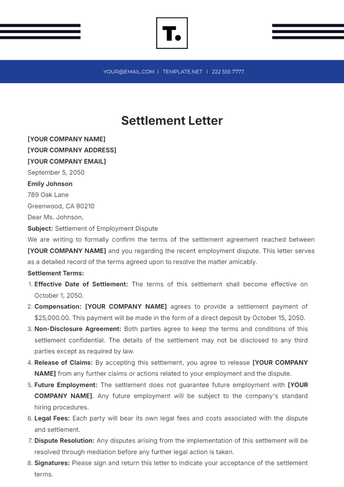 Demand for Settlement Letter Template