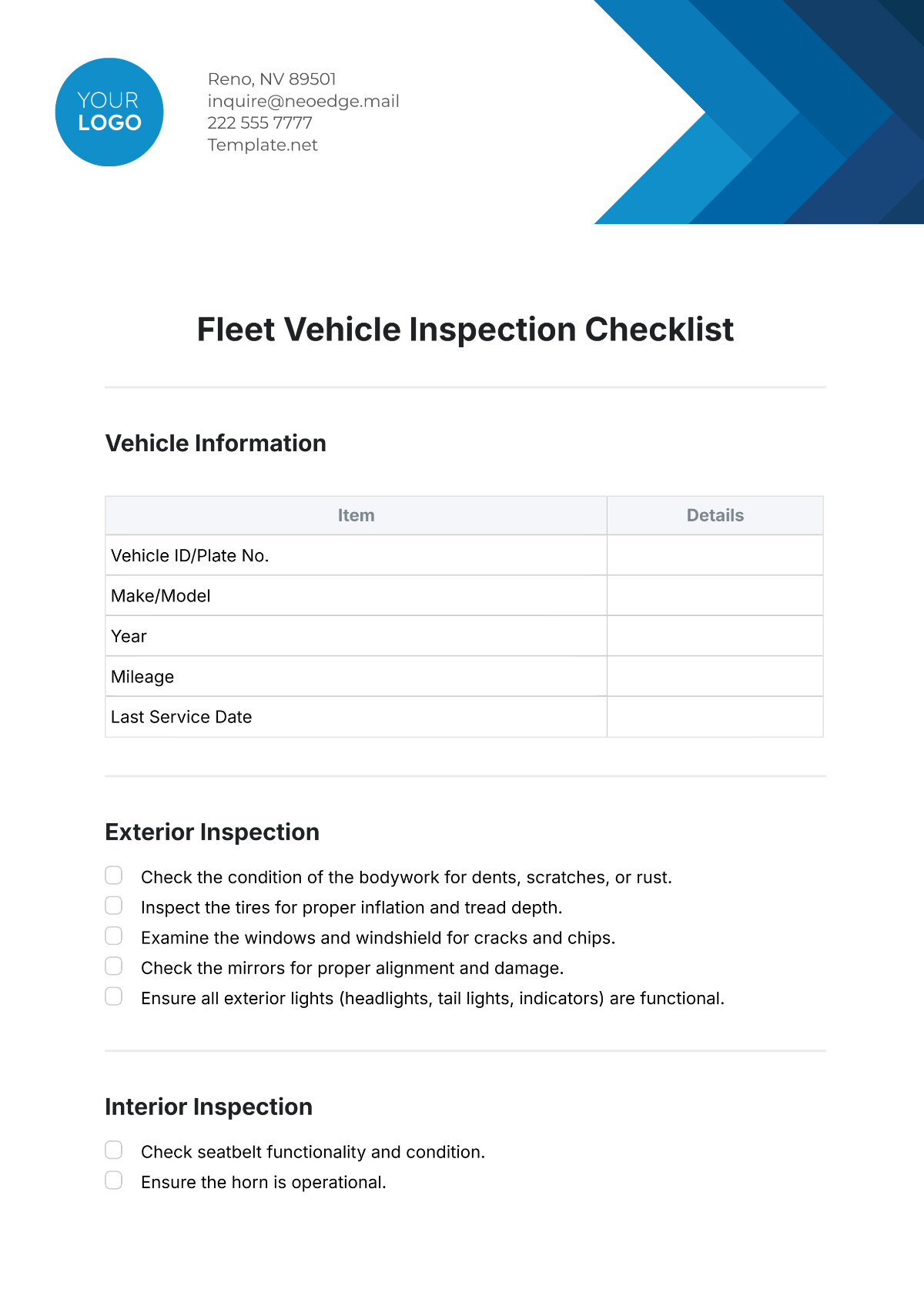 Fleet Vehicle Checklist Template