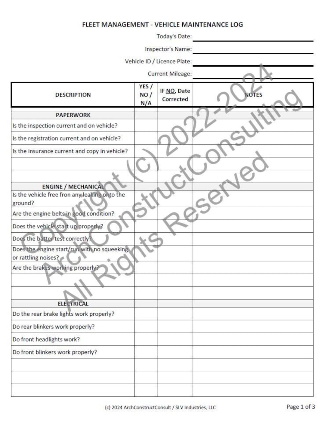 Fleet Vehicle Checklist Template
