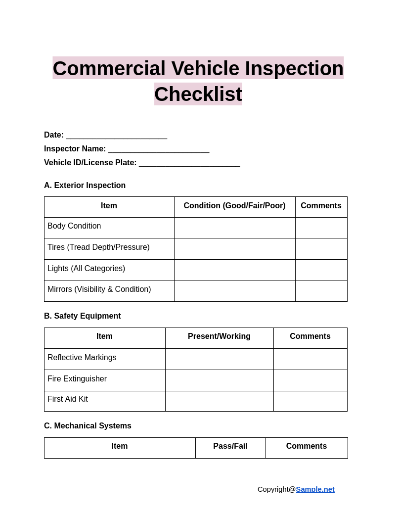 Fleet Vehicle Checklist Template