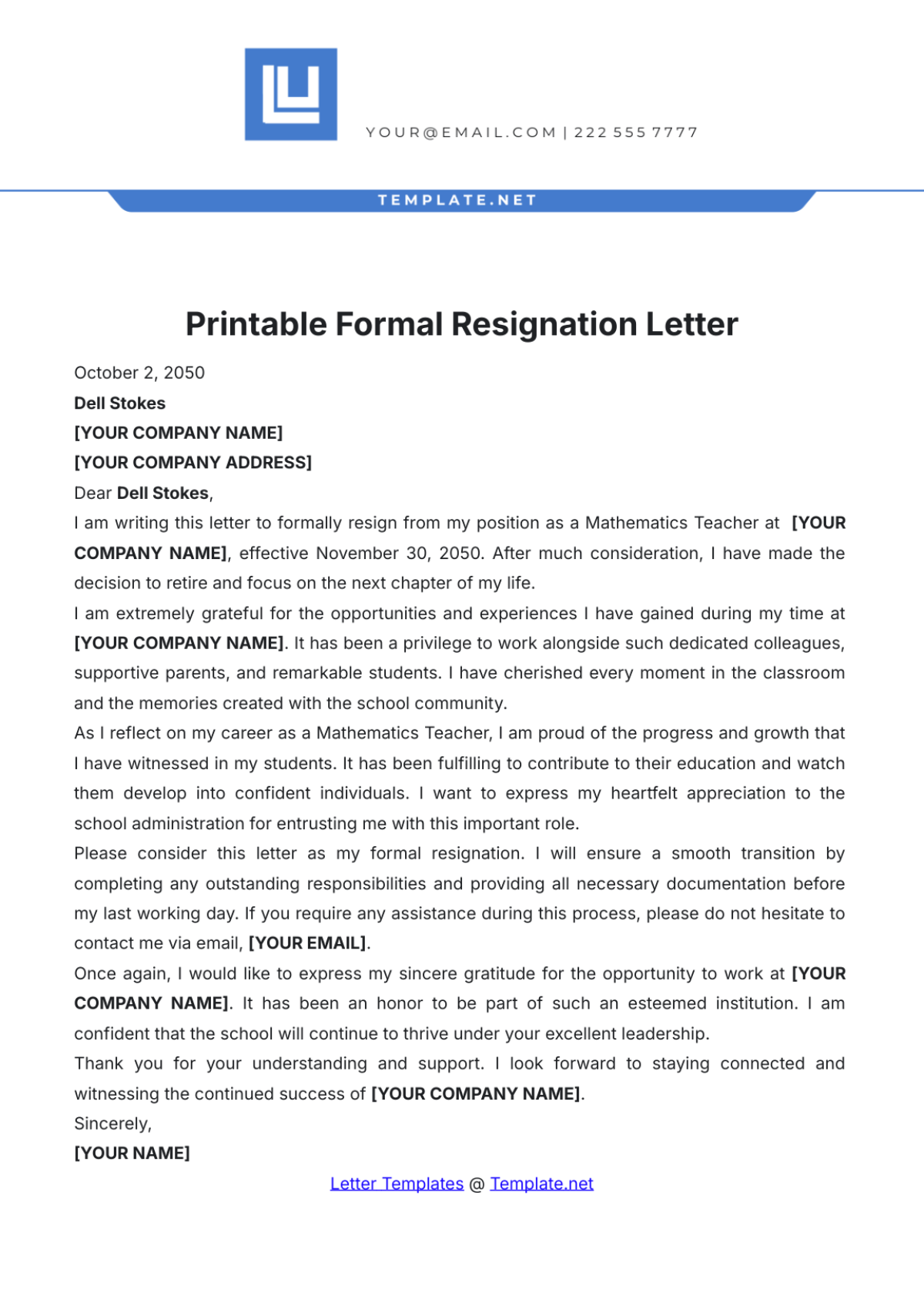 Formal Resignation Letter Template