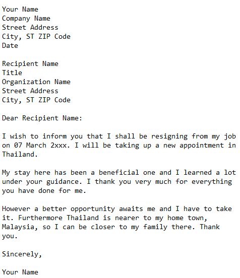 Formal Resignation Letter Template