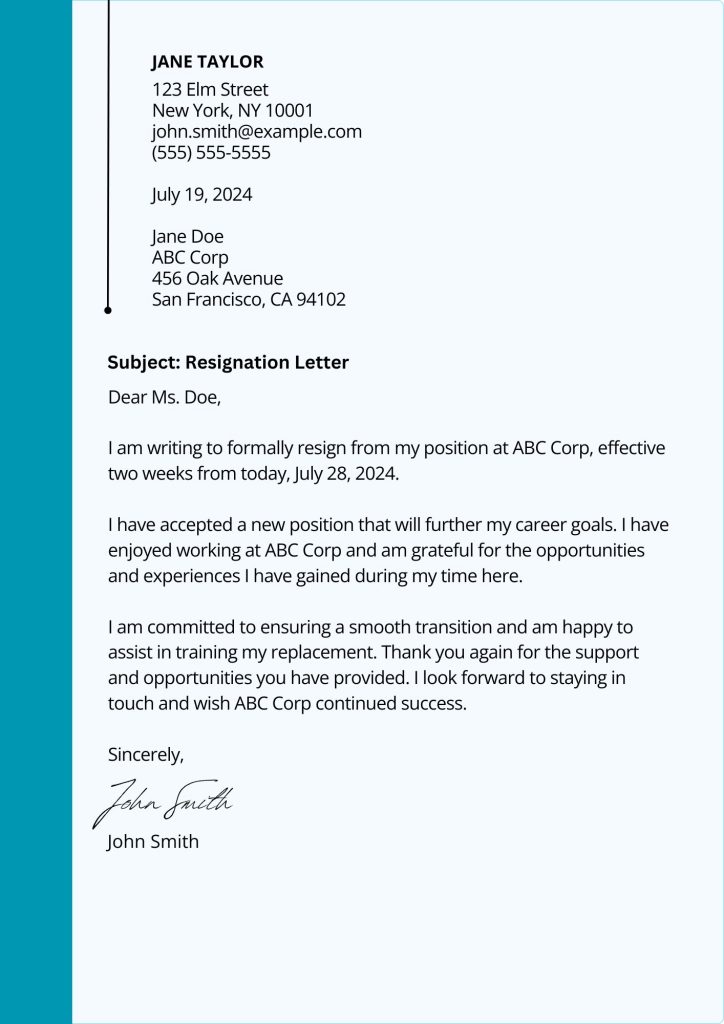 Formal Resignation Letter Template