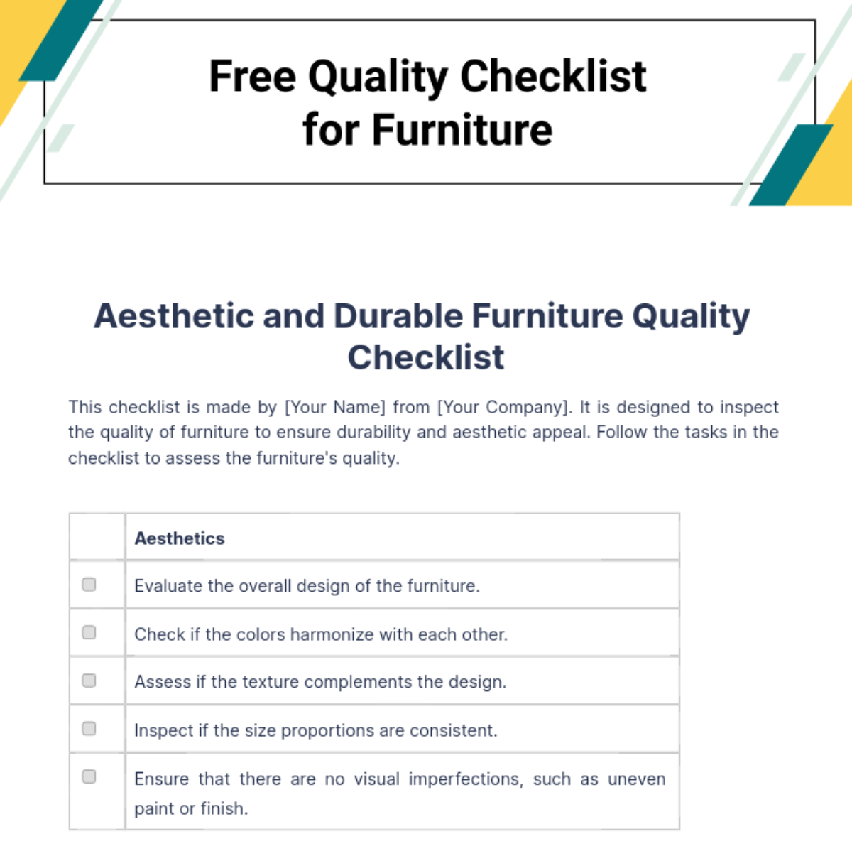 Furniture Quality Control Checklist Template