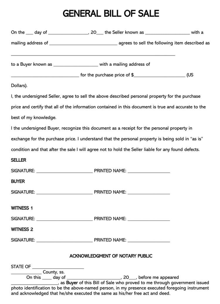 General Bill of Sale Form