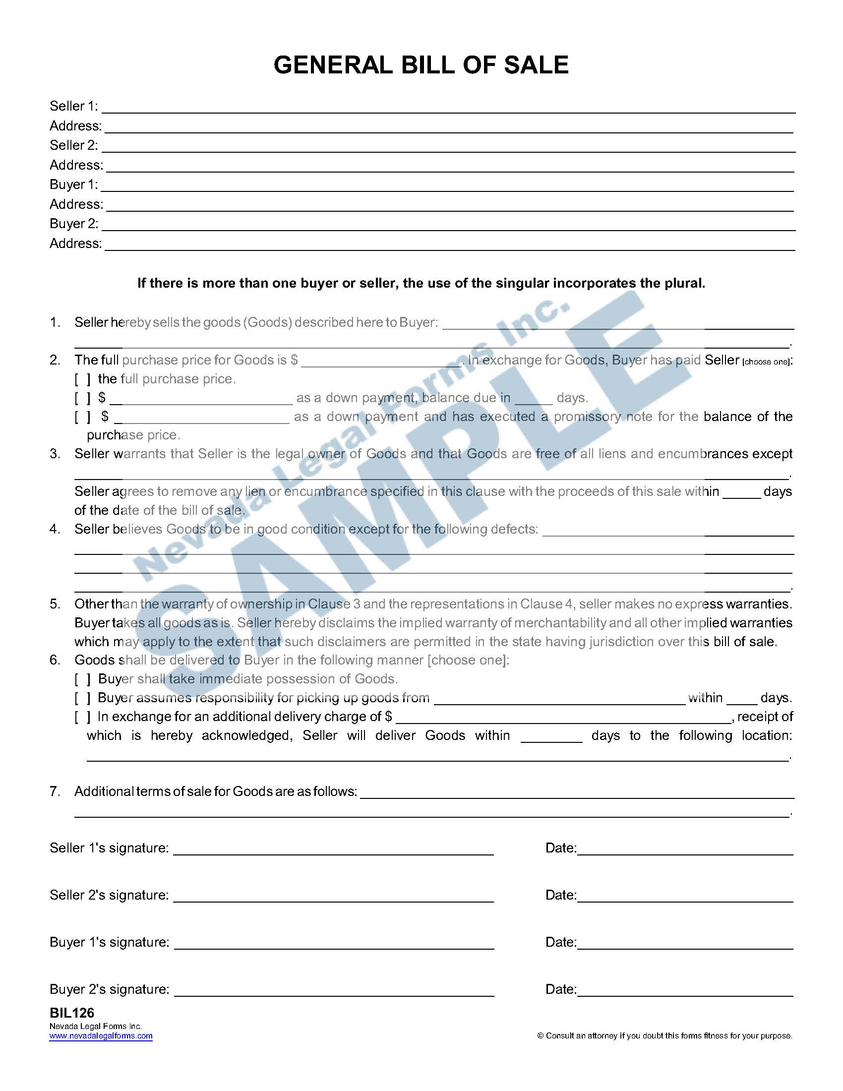 General Bill of Sale Form