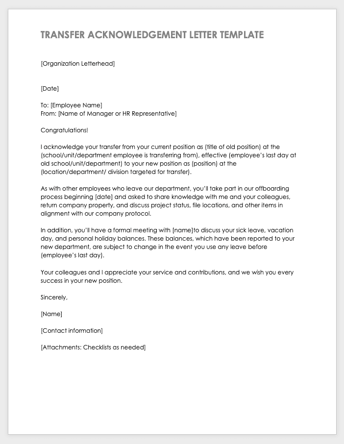 Internal Transfer Resignation Letter Template