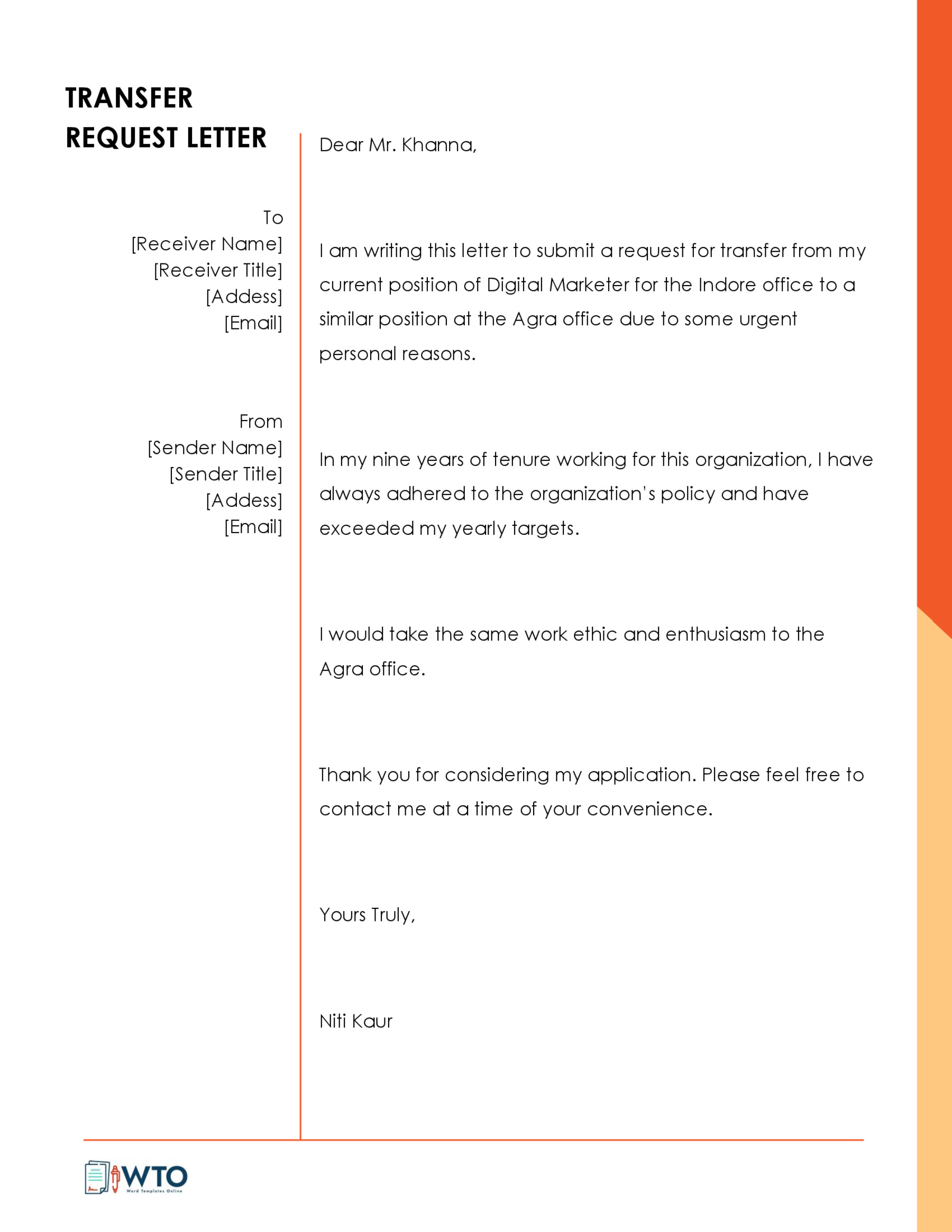 Internal Transfer Resignation Letter Template