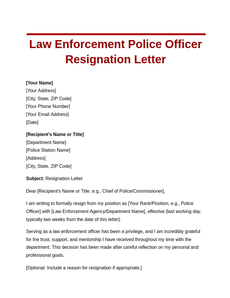 Law Enforcement Resignation Letter Template