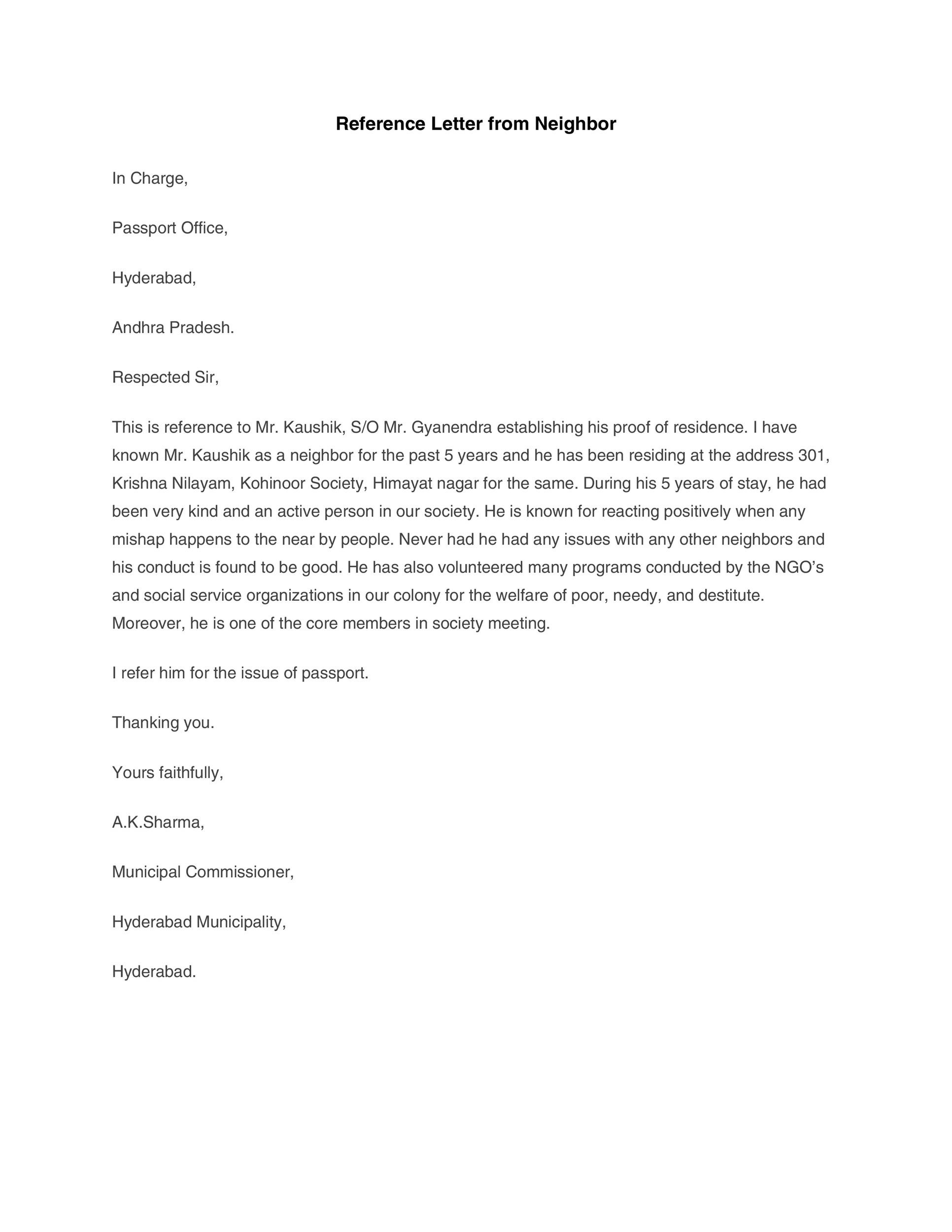 Neighbor Recommendation Letter Template