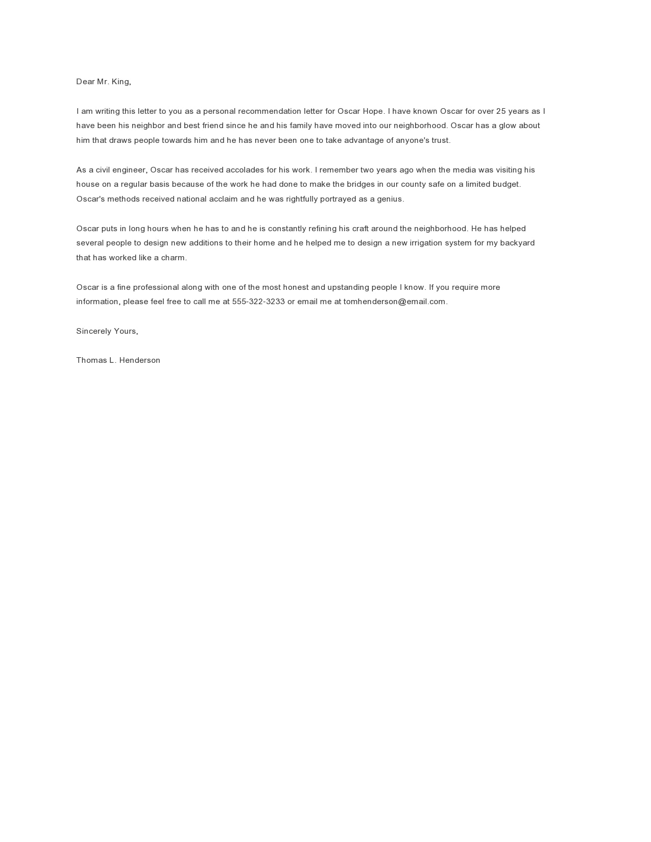 Neighbor Recommendation Letter Template