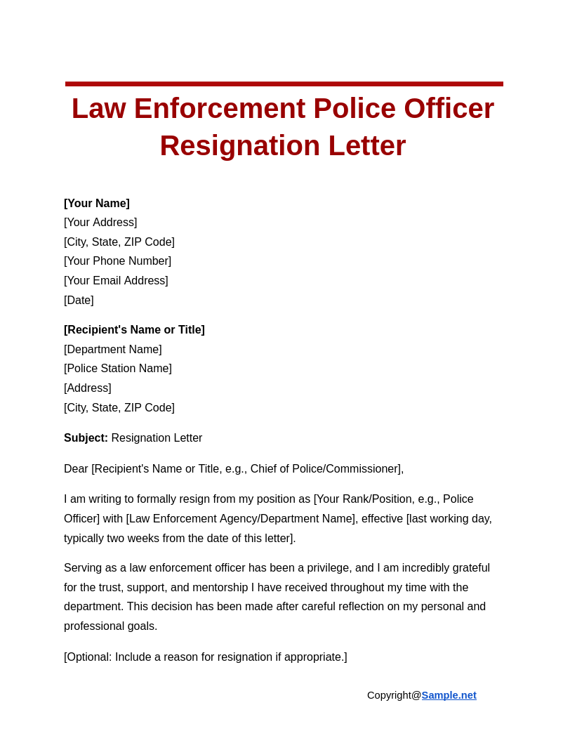 Police Officer Resignation Letter Template