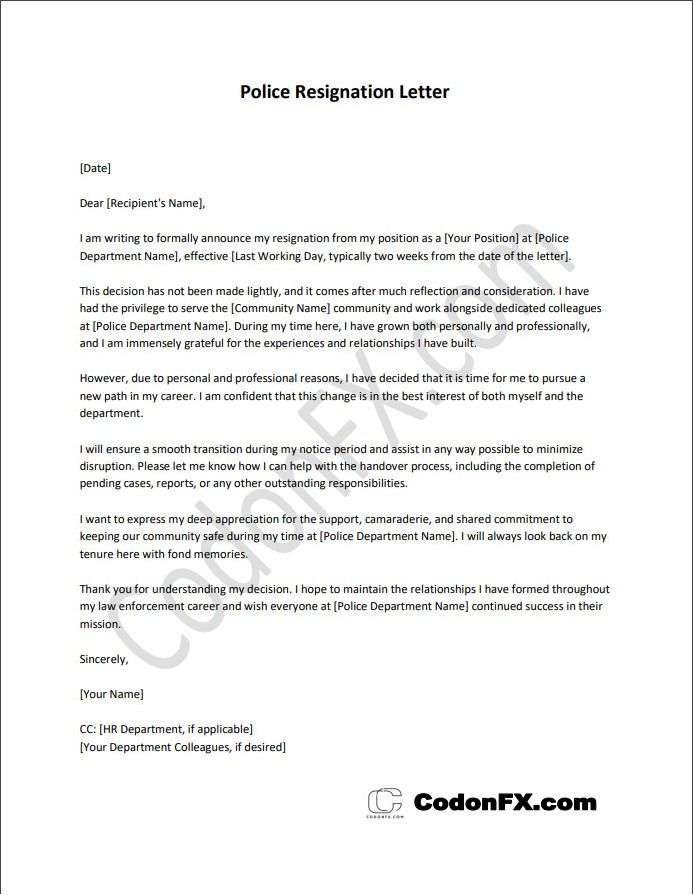 Police Officer Resignation Letter Template