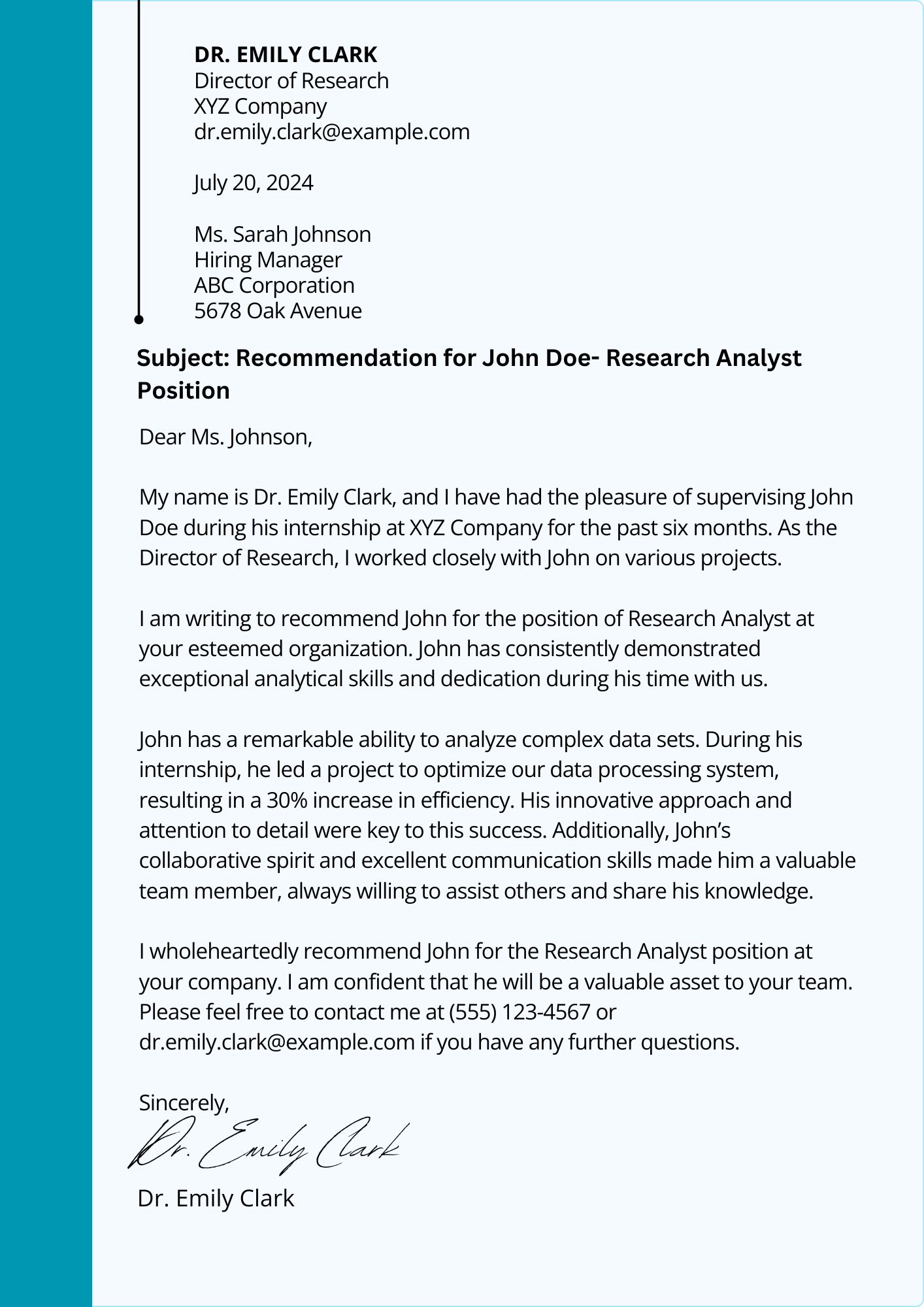 Project Management Recommendation Letter Template