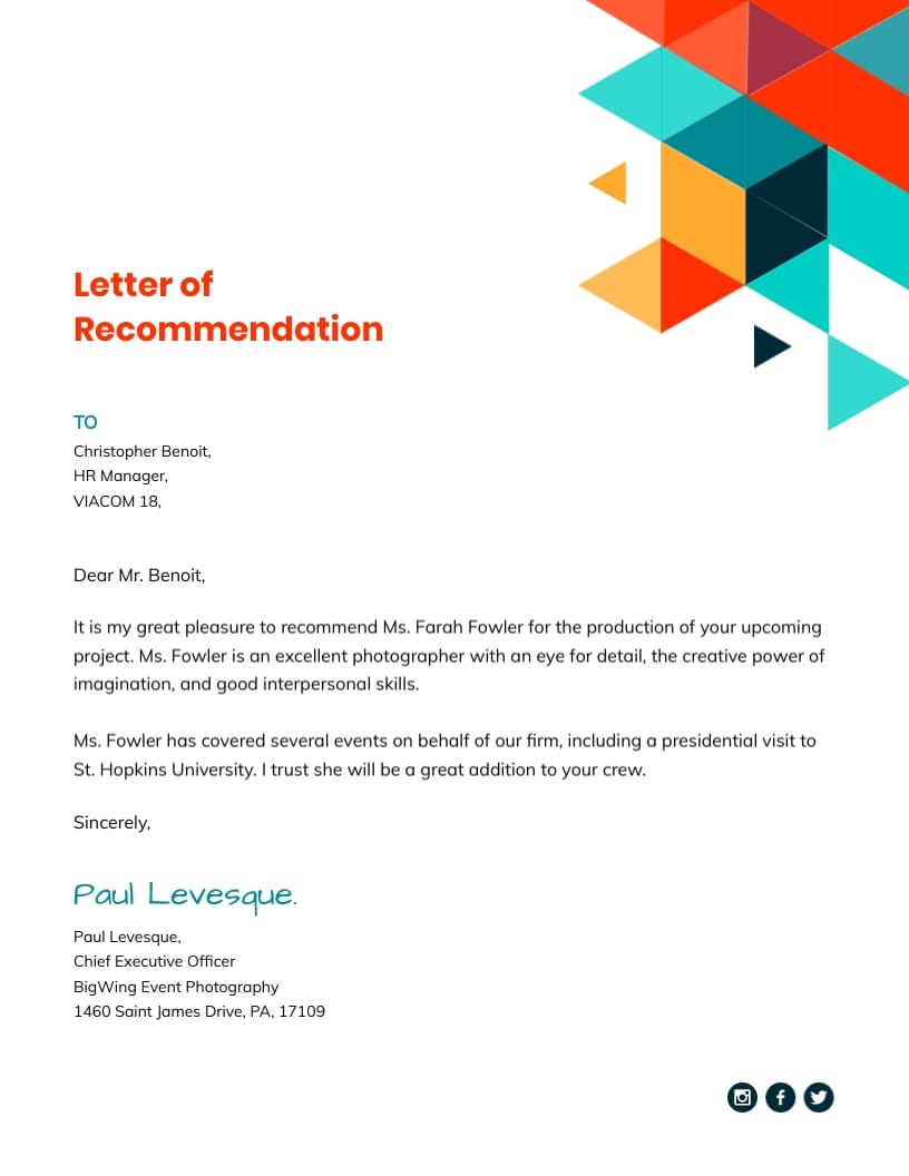 Project Management Recommendation Letter Template