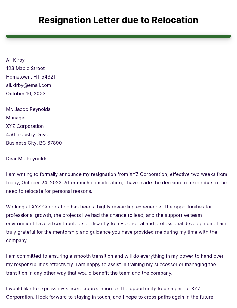 Resignation Letter Template Due to Relocation