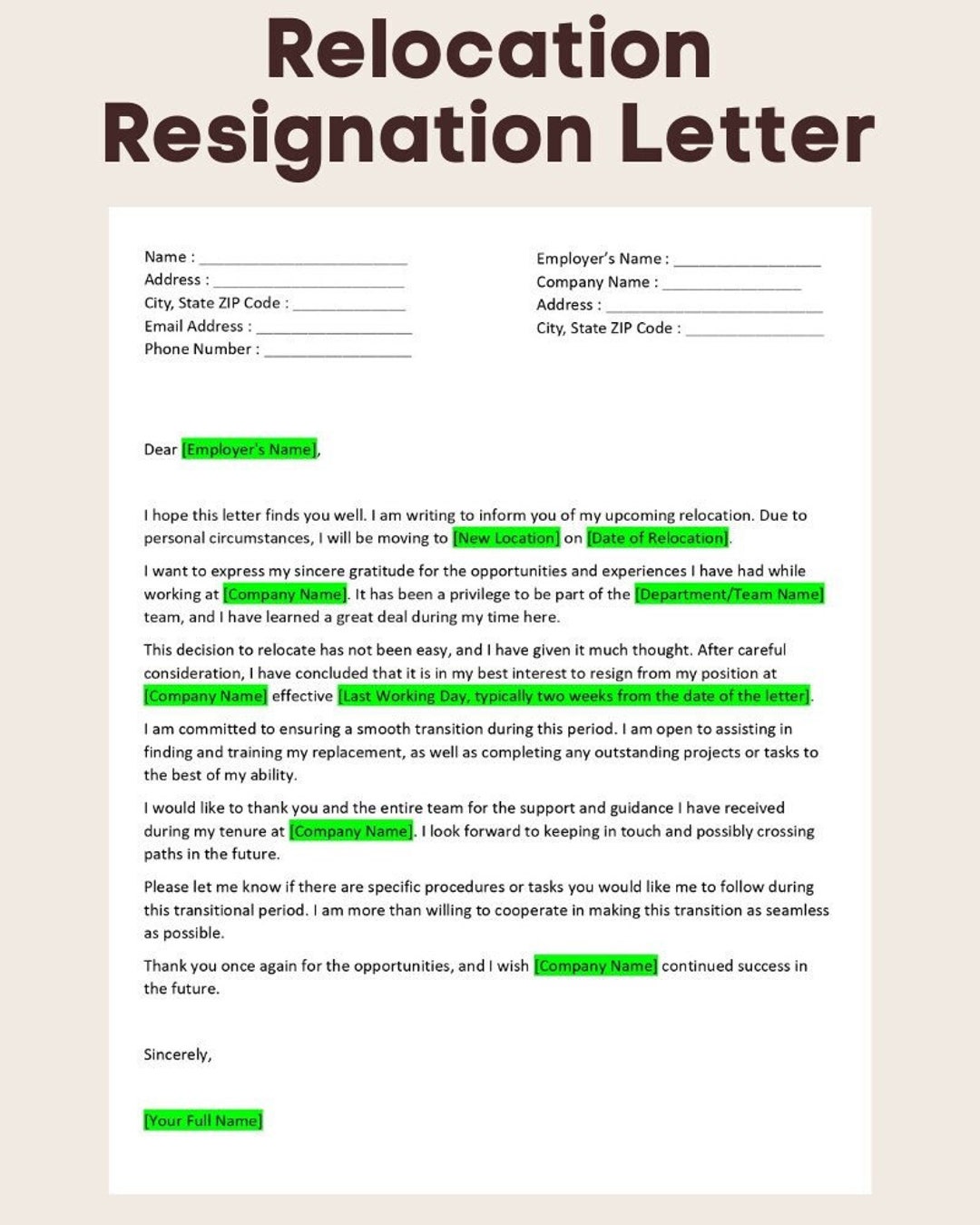 Resignation Letter Template Due to Relocation