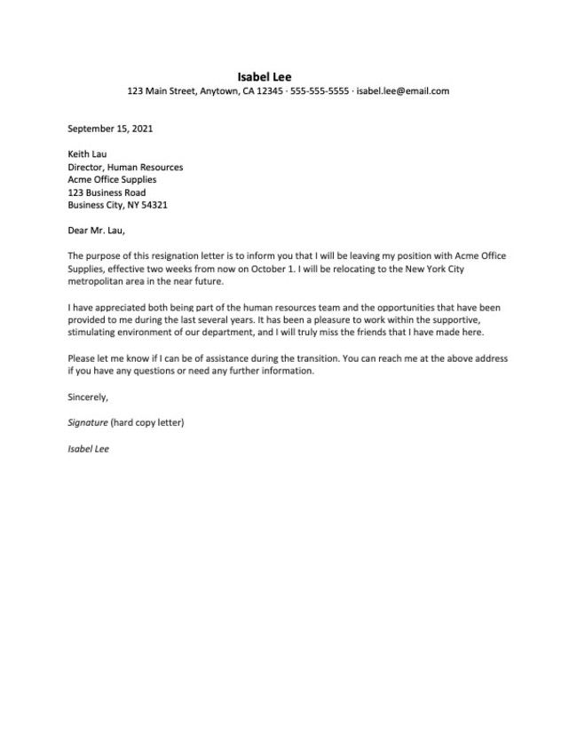 Resignation Letter Template Due to Relocation