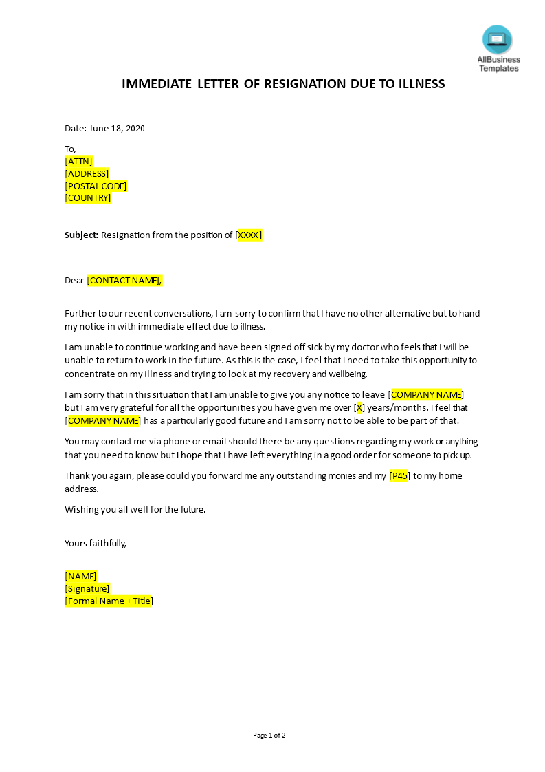 Resignation Letter With Immediate Effect No Notice