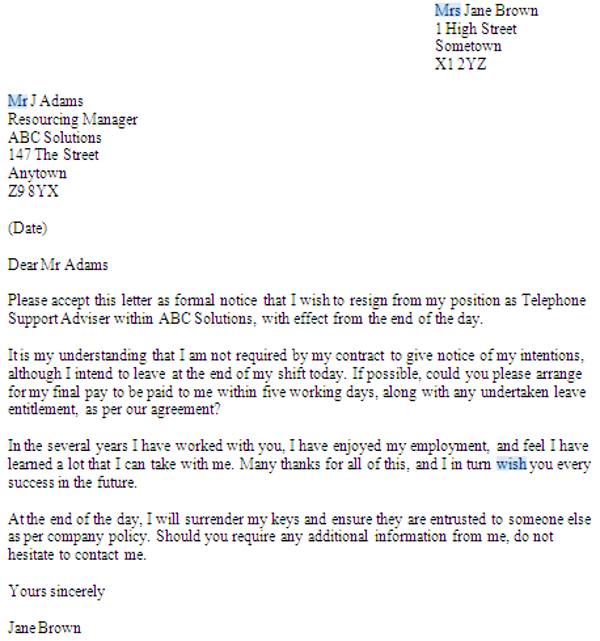 Resignation Letter With Immediate Effect No Notice