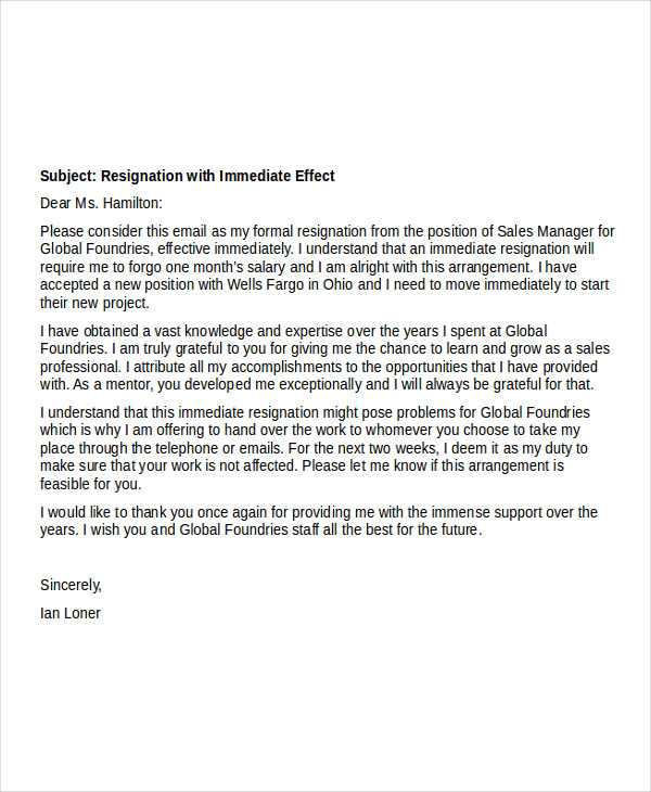Resignation Letter With Immediate Effect No Notice
