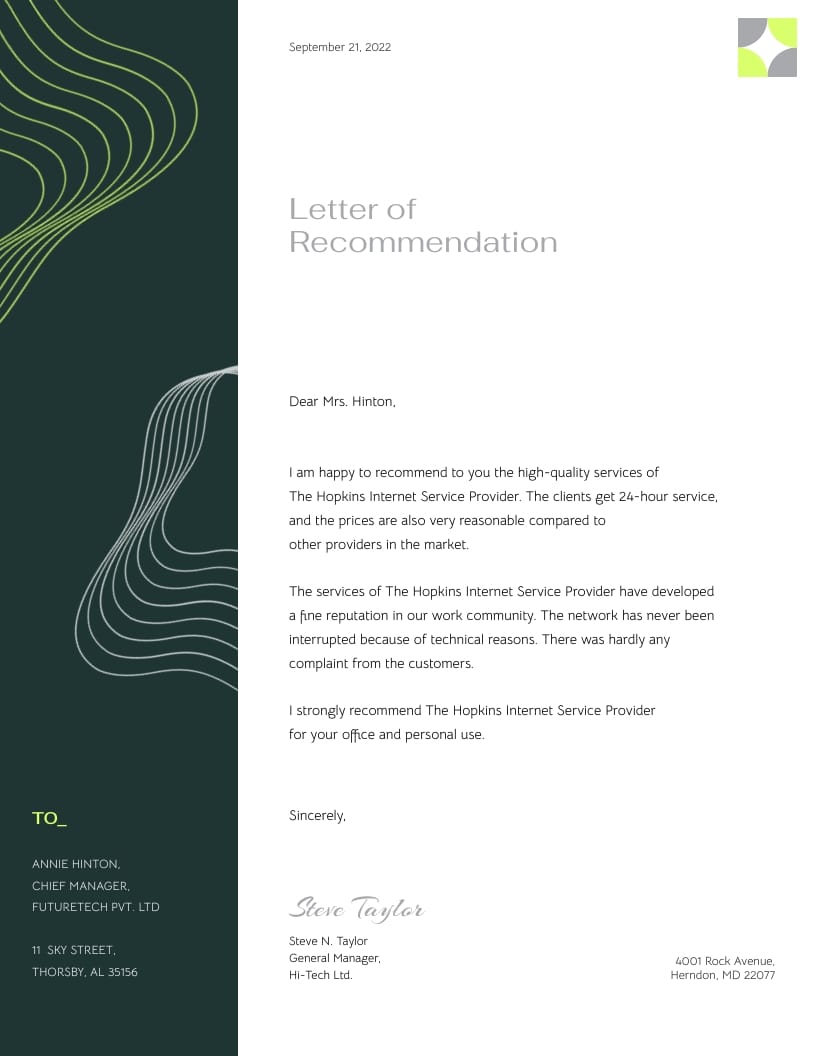 Supervisor Recommendation Letter Template