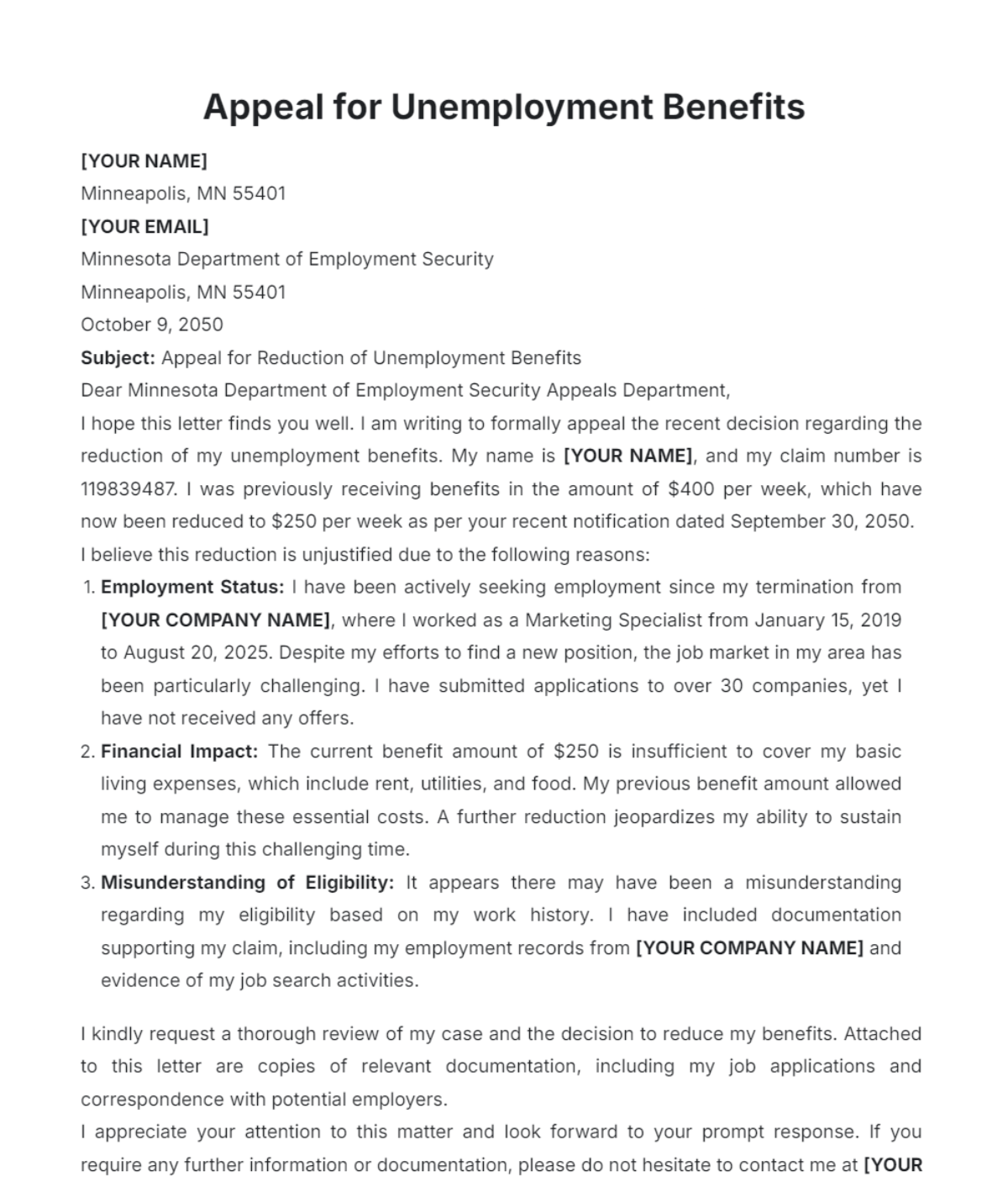 Unemployment Appeal Letter Template