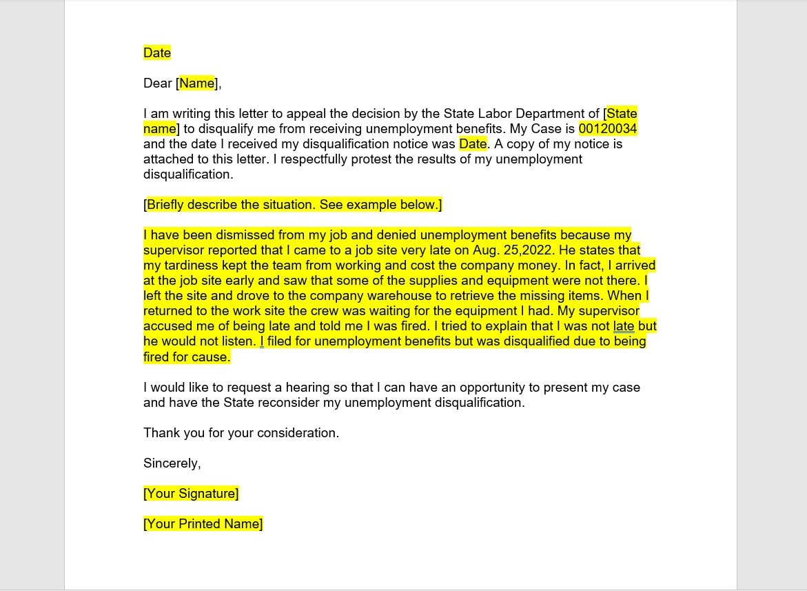 Unemployment Appeal Letter Template