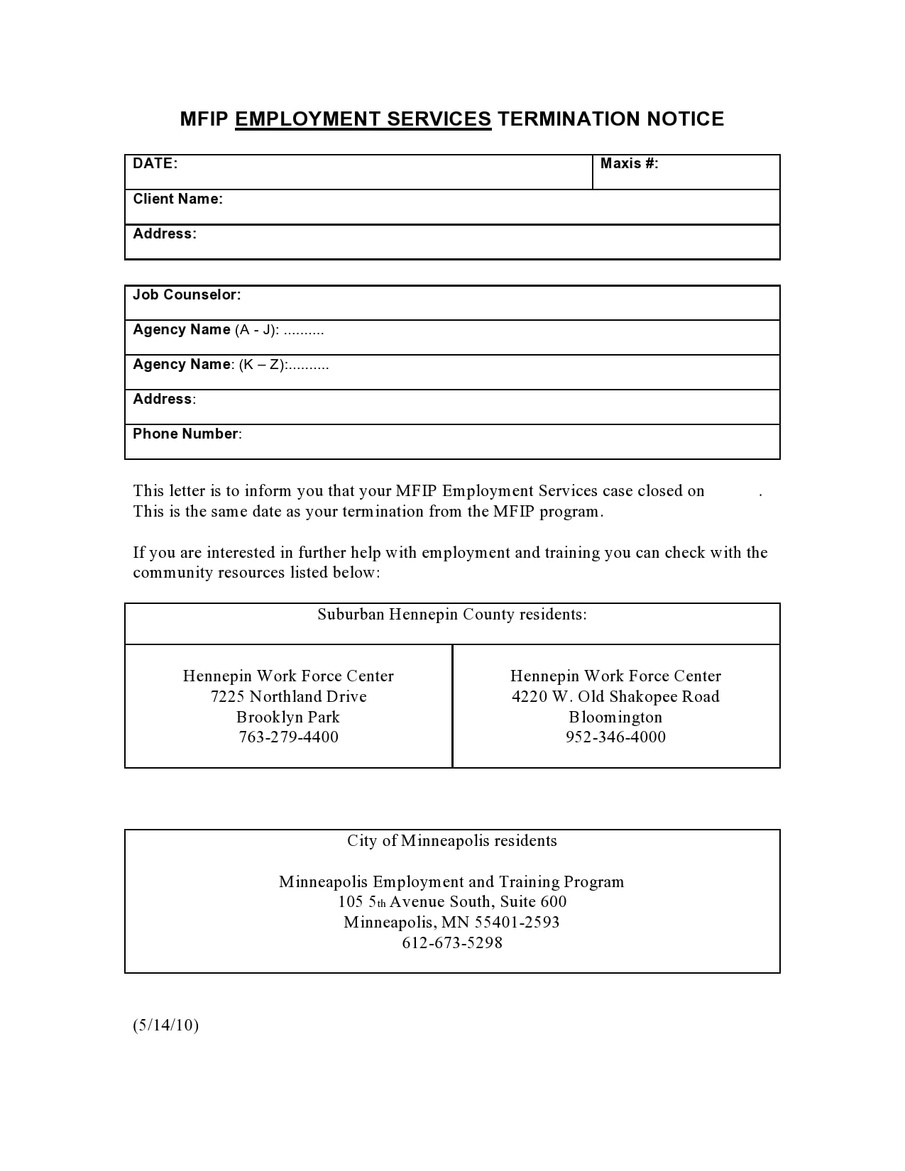 Work Contract Termination Letter Template