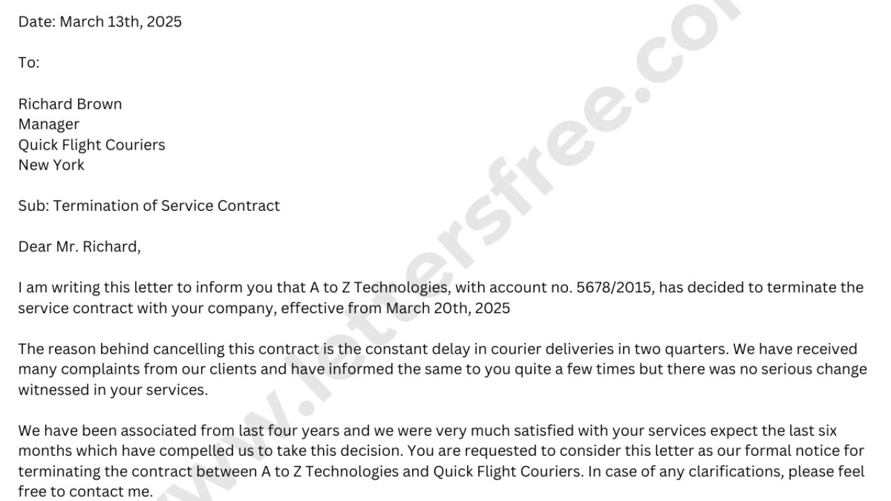 Work Contract Termination Letter Template
