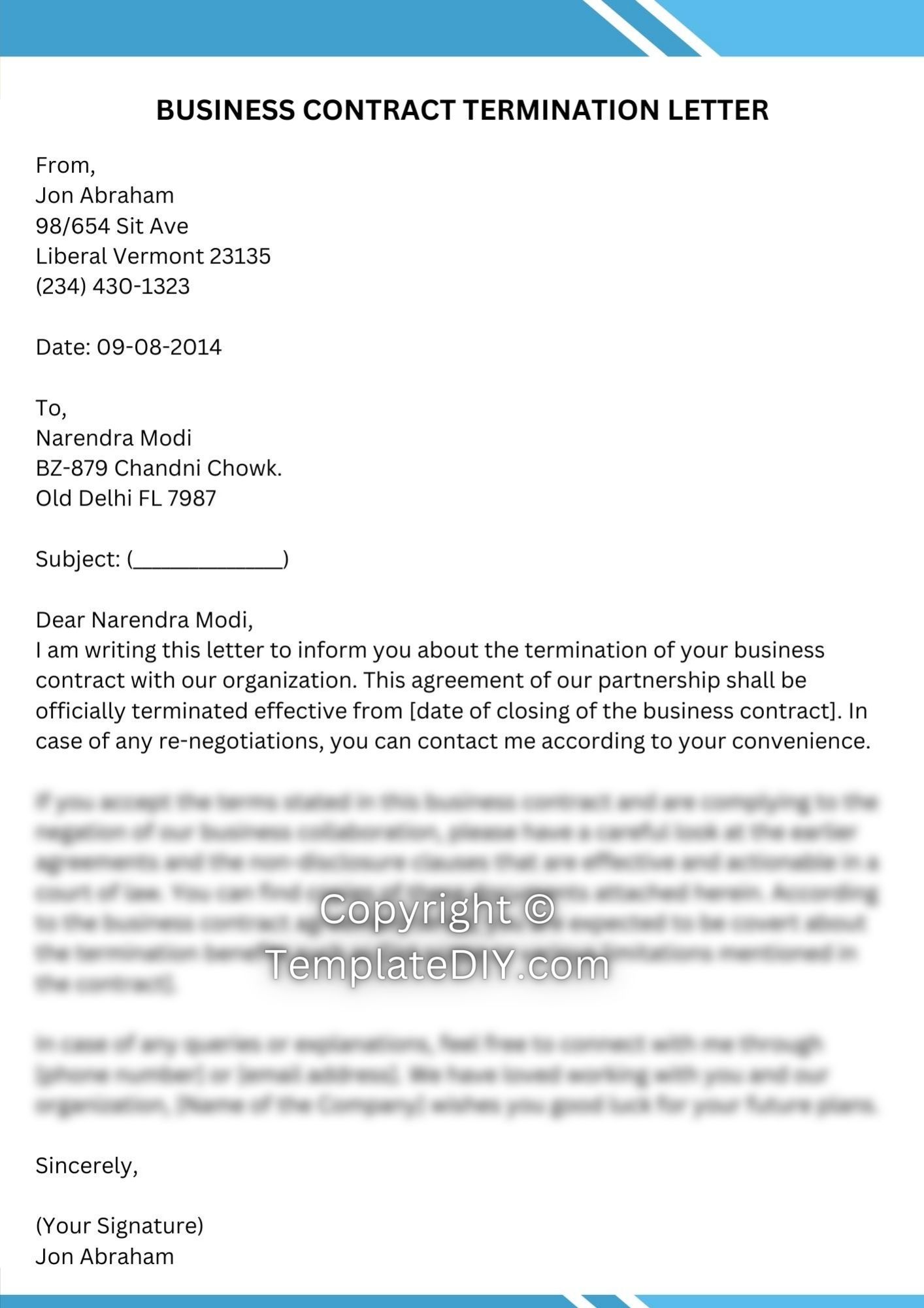 Work Contract Termination Letter Template