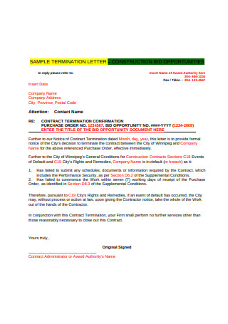 Work Contract Termination Letter Template