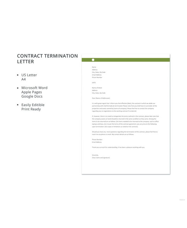 Work Contract Termination Letter Template
